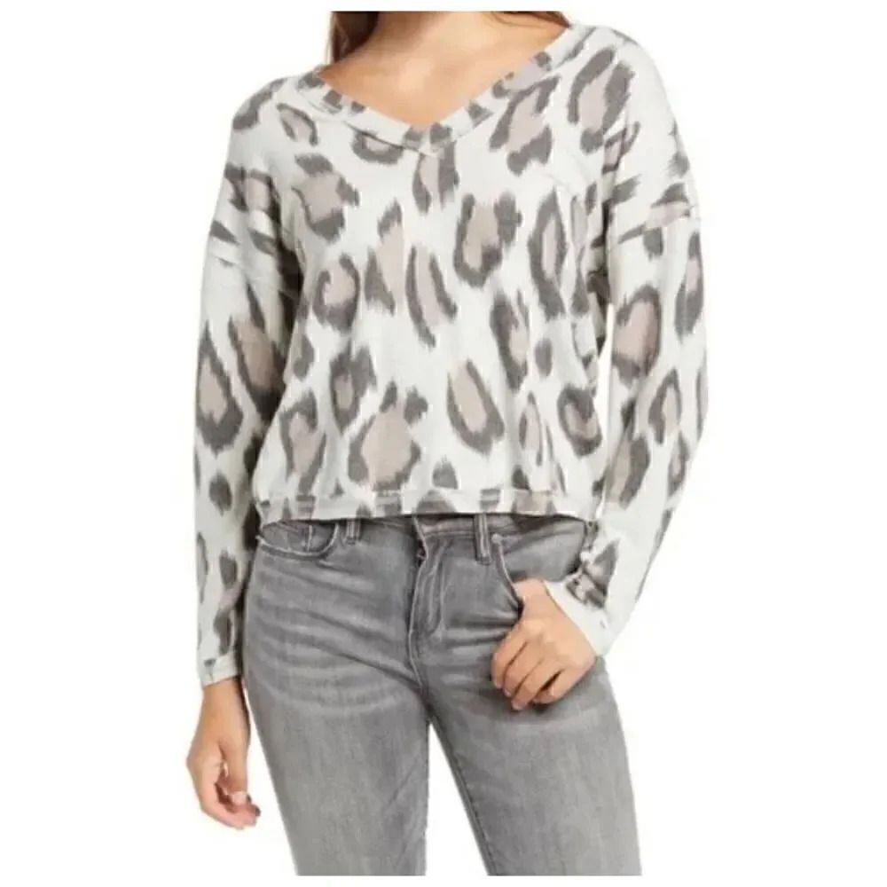Socialite V Neck Long Sleeve Top Womens Multi Leopard Print Soft SZ L -#1687